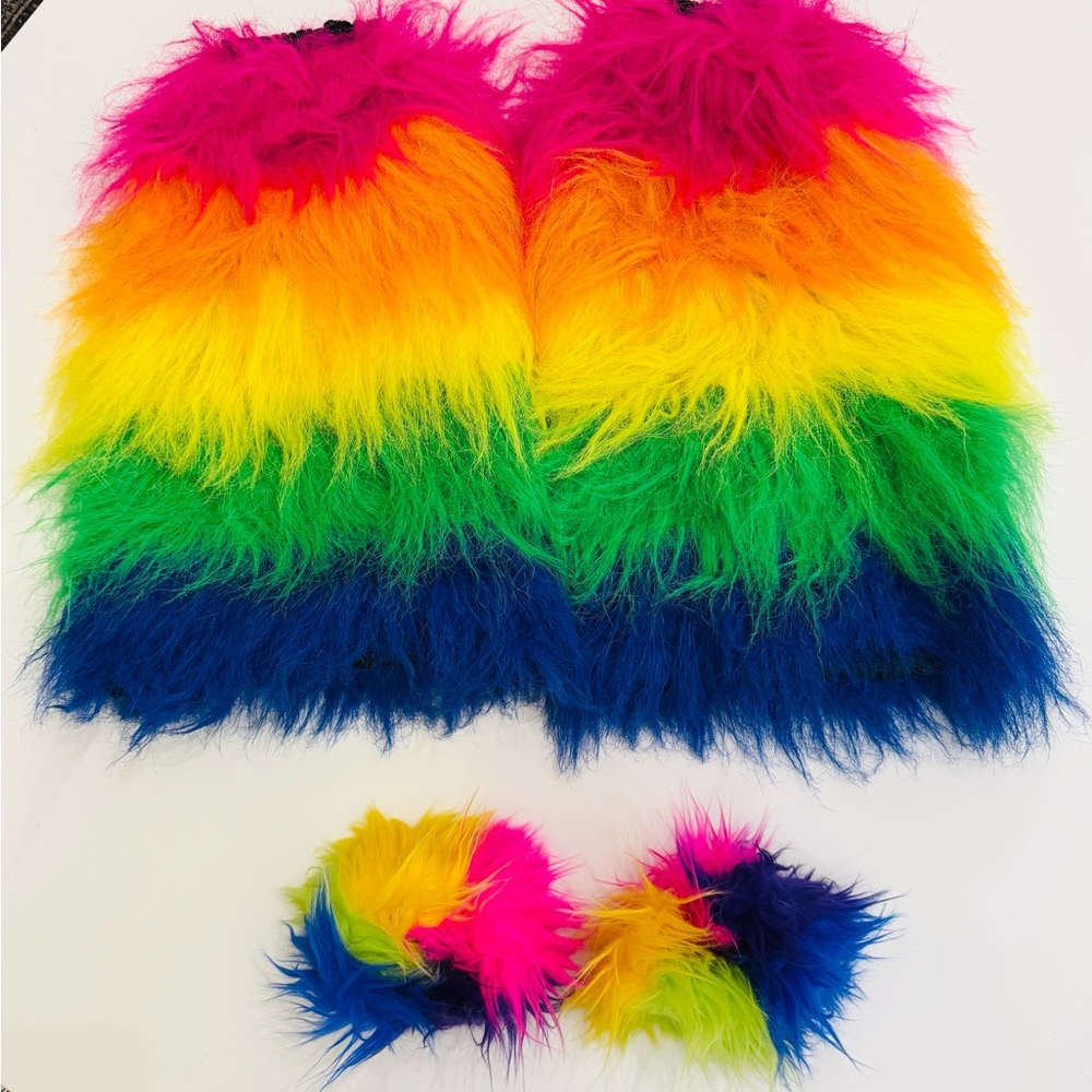 Rainbow Faux Fur Leg Warmers and Cuffs: Festival 🌈 Rave